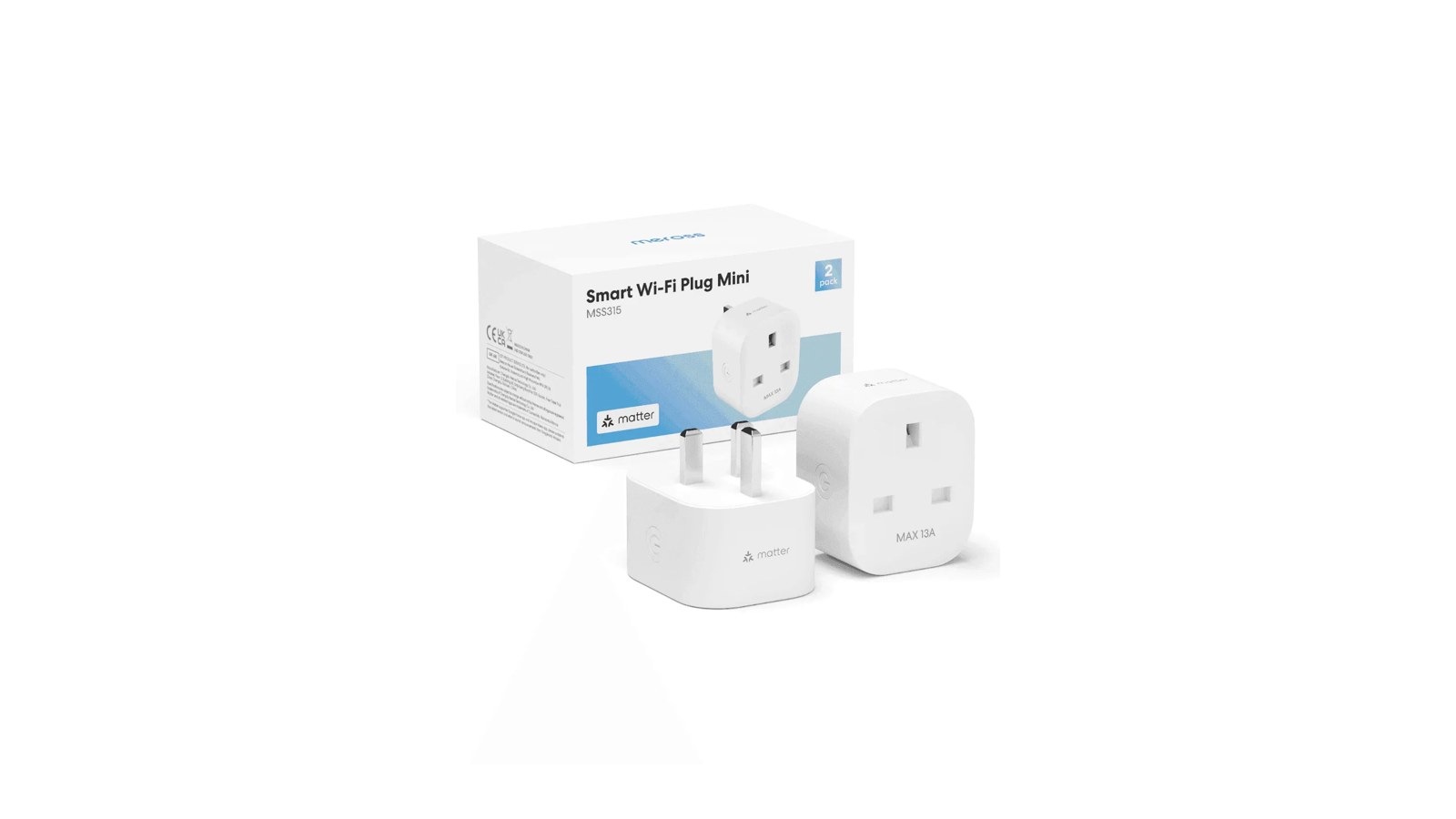 Meross MSS315 Matter smart plugs with UK three-pin fittings and retail box