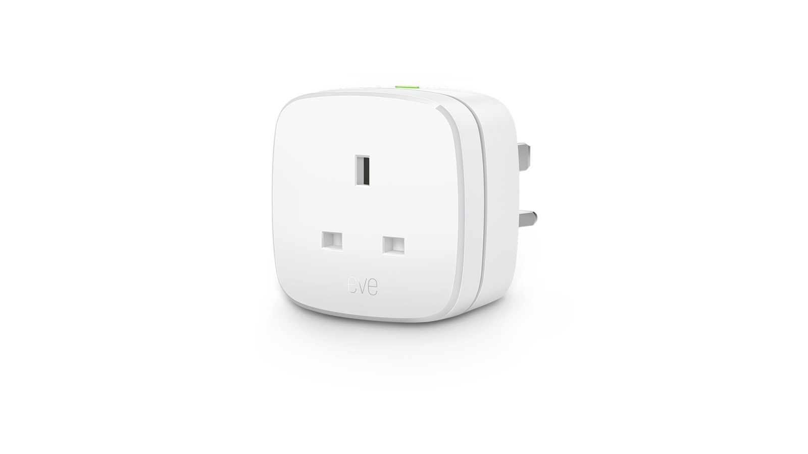 Eve Energy smart plug with UK three-pin socket and physical power button