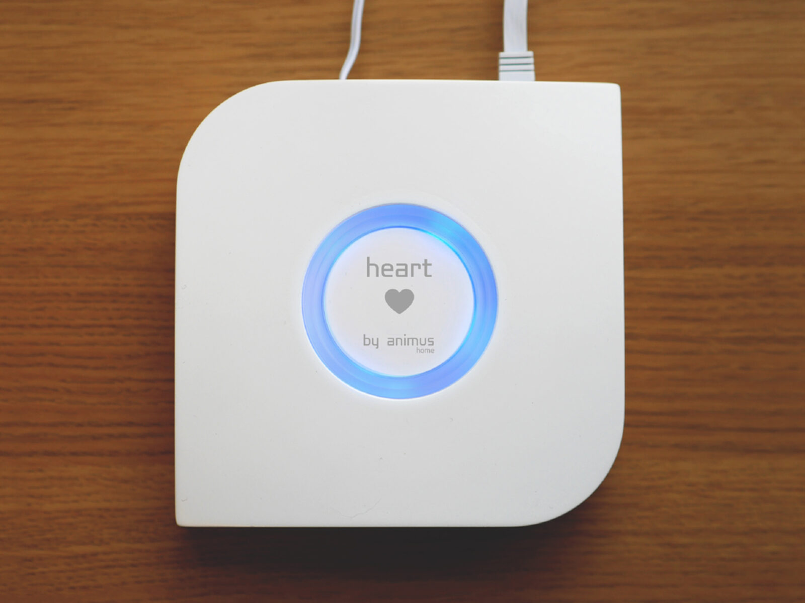 Smart home hub device on a wooden surface