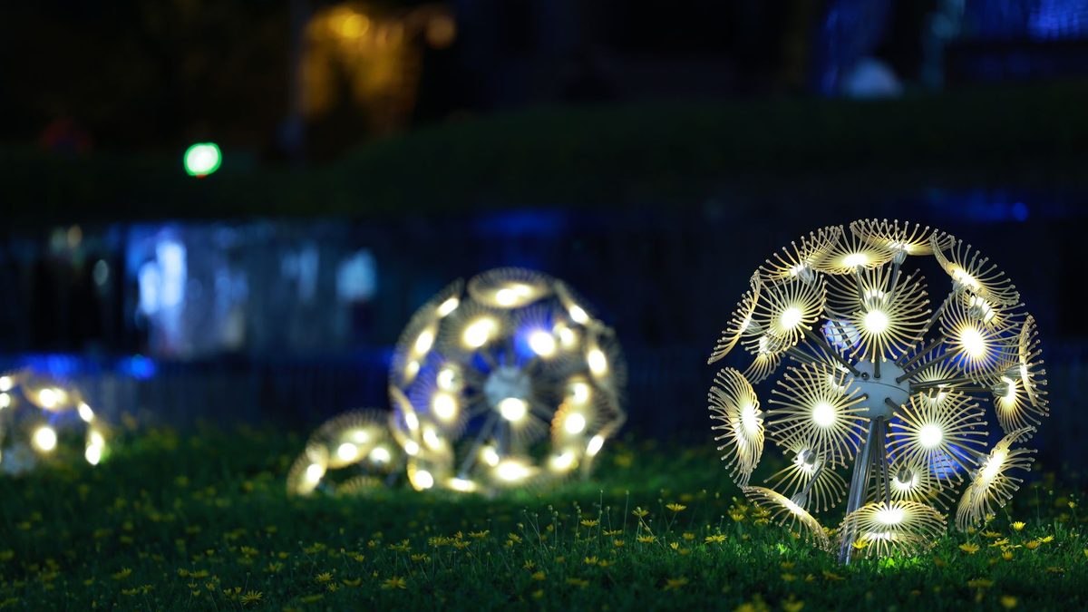 Solar garden lights glowing at night