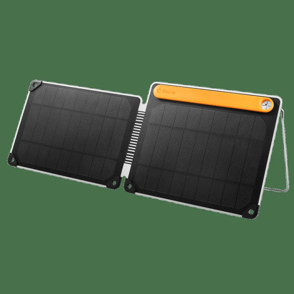 BioLite SolarPanel 10+ unfolded, showing dual foldable panels and built-in battery/kickstand