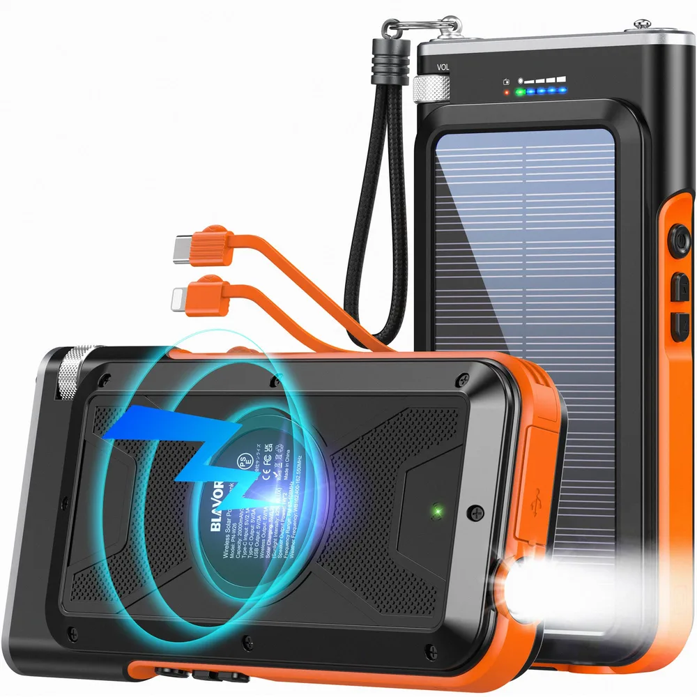 BLAVOR solar power bank with wireless charging pad, USB-C cable, flashlight and carabiner