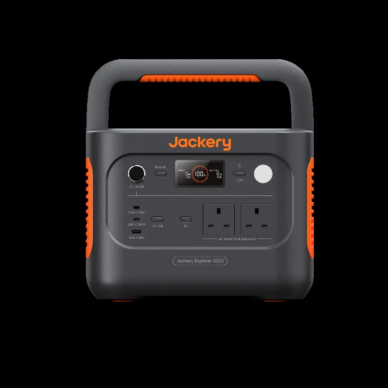 Jackery Explorer 1000 v2 portable power station with handle and UK sockets