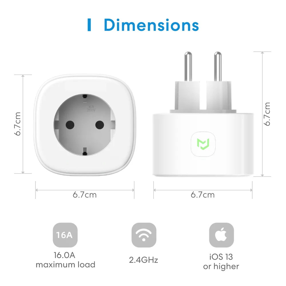 Meross Smart Wi-Fi Plug dimensions render showing front and side view